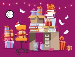 Festive mood in the office. Christmas interior with desk on which there are piles of gifts and folders with paper mixed. garland burns over table. It's midnight on the clock. Flat cartoon vector