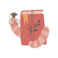 Decorated book and funny bookworm in small graduation cap. Flat hand drawn vector illustration.