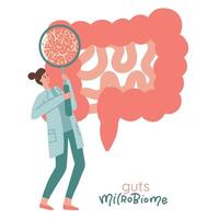 Female Scientist looking at intestines with huge magnifying glass. Analysis, professionals look at guts microbiome. Gastrointestinal tract and digestive system. Hand drawn flat vector illustration