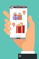 mano que sostiene el teléfono. mano con teléfono inteligente con cajas de regalo en la pantalla con etiquetas de precio. página de la aplicación de regalo en la pantalla del teléfono inteligente. concepto móvil para banners web, sitios web. ilustración vectorial de dibujos animados plana. vector