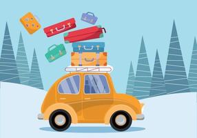 Travel concept. Yellow vintage car with travel suitcases on roof. Winter tourism, travel, trip. Flat cartoon vector illustration. Car Side View With Heap Of Falling suitcases on firs trees background