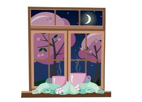 two pink mugs wrapped in light mint green scarf and standing on windows against the background of spring night with moon and stars. mugs tied together warming scarf. Flat cartoon vector illustration
