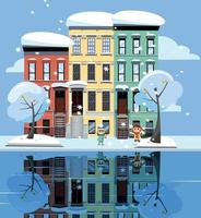 Colored apartment buildings on lake. Facades of buildings are reflected in mirror surface of water. Flat cartoon vector illustration of winer city street landskape. Three-four-story colorful houses.