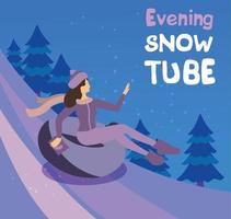 Vector cartoon flat girl in hat sledging along the slope with fir trees at inflatable tube, snowtubing outdoors in winter at evening. Young woman sledding on snow rubber tube. Winter activity