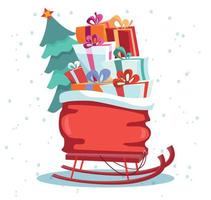 trineos para niños con una bolsa roja de regalos y un árbol de navidad sobre un fondo blanco. las cajas de regalo multicolores están bellamente decoradas con cintas y lazos. ilustración de vector de estilo de dibujos animados plana.
