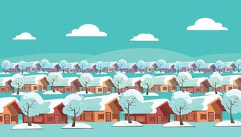 Panoramic landscape of a suburban one-story village. Same houses are located in three rows. There is winter snow weather and snow-covered trees outside. Flat cartoon style vector illustration.