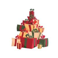 conjunto de regalos de navidad con cintas, lazos en rojo y verde. pila de regalos en cajas de varias formas atadas con cintas de colores. sorpresa bellamente envuelta. ilustración plana para decoración, anuncio de empresas. vector