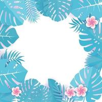 Abstract background with blue cyan tropical leaves. Jungle patternwith frangipani flowers. Floral caper cut design background. Vector square illustration with space for text. Tropical greeting card.