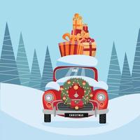 Flat vector cartoon illustration of retro car with present on the roof. Little classic red car carrying gift boxes on its rack. Vehicle's front decorated with wreath. snow-covered landscape with firs