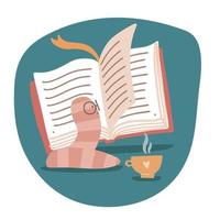 The little bookworm enthusiastically reads a page of a large open book and drinks coffee or tea. Learning concept. Flat hand drawn vector illustration.