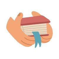 Two hands holding a small book. Reading books concept. Open magazine. Learning literature icon. Vector flat illustration Isolated on white background. Knowledge science symbol