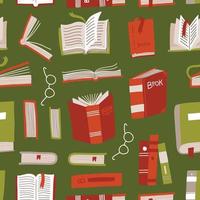 Seamless book pattern. Differernt books with glasses. Background wallpaper on green background. vector