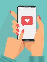 Sending love message concept. 2 female Hands holding phone with heart, send button on screen.Finger touch screen. Vector flat cartoon illustration for ad, web sites,banners, infographics design