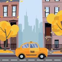 calle de la ciudad de américa. paisaje urbano. acogedor taxi amarillo en la calle de nueva york en una zona residencial con árboles amarillos en primer plano y siluetas del centro de la ciudad en segundo plano.concepto de dibujos animados planos vectoriales vector