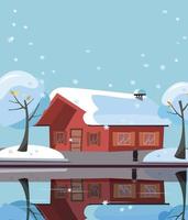 Wooden country house on lake. Building facade is reflected in mirror surface of water. Flat cartoon vector illustration of winter suburb landskape with private house, snowy trees. Free spase for text