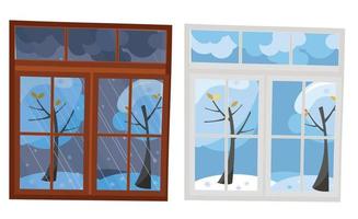 Set of 2 windows in flat style. A wooden brown window overlooking the winter evening, a white plastic window with a view of the winter day. Outside the window is a natural landscape 2 trees in snow vector