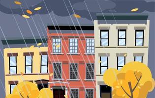 Flat cartoon vector illustration of autumn rainy city street. Dark clouds over the roofs of houses, it is raining. Street of town with bright colorful houses. Autumn twilight in the city background