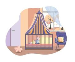 Scene in interior of the nursery with furniture. Baby in bed under canopy next to soft armchair. Boy's Room with window and cupboard. Vector flat cartoon illustration isolated in white background