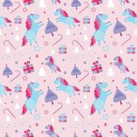 Christmas seamless pattern with unicorns, fir trees, candy cane, gift boxes on pink background. Holiday template with Xmas unicorn, festive flat cartoon elements. Design for wrapping, fabric, print. vector