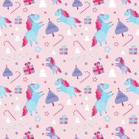 Christmas seamless pattern with unicorns, fir trees, candy cane, gift boxes on pink background. Holiday template with Xmas unicorn, festive flat cartoon elements. Design for wrapping, fabric, print. vector