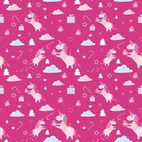 Christmas seamless pattern with unicorns, fir trees, candy cane, gift boxes on crimson background. Holiday template with Xmas unicorn, festive flat cartoon elements. Design for wrapping, fabric, print vector