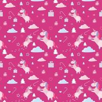 Christmas seamless pattern with unicorns, fir trees, candy cane, gift boxes on crimson background. Holiday template with Xmas unicorn, festive flat cartoon elements. Design for wrapping, fabric, print vector