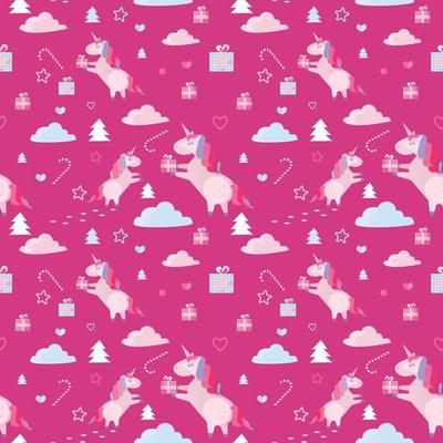 Christmas seamless pattern with unicorns, fir trees, candy cane, gift boxes on crimson background. Holiday template with Xmas unicorn, festive flat cartoon elements. Design for wrapping, fabric, print
