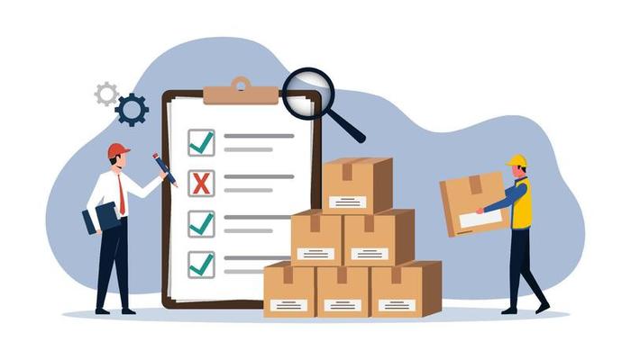 Inventory management concept with checklist, stacked boxes, warehouse staff, and quality control for stock accuracy and fulfilment.