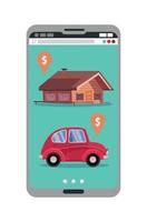 Smartphone with realty and car sales marketplace application featuring house and small classic city car with price tags. Online shopping app on mobile phone screen.Flat cartoon vector illustration.