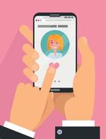 Online dating app concept. Male hands in suit holding smartphone with girl on screen. Online dating, long distance relationship concept. Finger presses heart button. Flat cartoon vector illustration