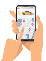 Two female hands holding smartphone and touching screen with city map and mobile gps navigation. Finding the car sharing for rent. Flat cartoon vector illustration with yellow modern vehicle