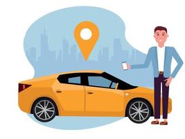 Handsome man with smartphone standing near yellow car. Rent car using mobile app. Online carsharing concept. Vehicle on background of silhouette of city and geolocation sign.Vector flat illustration vector