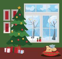 Window overlooking winter snow-covered trees. Green wall, New Year tree and table with gifts in cardboard boxes with bows, with sleeping cat and dog in the interior. Flat cartoon vector illustration.