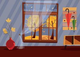 Window with a view of yellow trees and foliage. Autumn brown interior with branches in vase, bedside table in hallway and umbrellas on hanger. Evening good weather outside. Flat cartoon vector