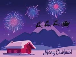 Night winter landscape illustration with sky full of firework lights. Silhouette of Santa Claus sleigh with deers in sky. Card with text merry christmas in purple-pink colors. Holiday at ski resort. vector