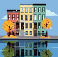 Colored apartment buildings on lake. Facades of buildings are reflected in mirror surface of water. Flat cartoon vector illustration of autumn city. Three-four-story colorful houses. Street cityscape.