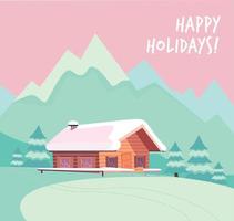 paisaje nevado de invierno con montañas y casa de campo de troncos de madera. tarjeta de temporada navideña con texto felices fiestas. ilustración de vector de estilo de dibujos animados plana en colores rosa menta