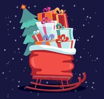 Children s sleigh with red bag with presents and Christmas tree on dark blue background with snow. Gift boxes are beautifully decorated with ribbons and bows. Flat cartoon style vector illustration.