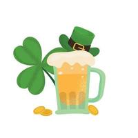 St Patric day beer glass with big cloverleaf and green hat isolated concept. Flat textured vector illustration.