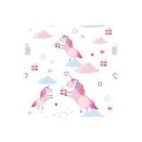 Cute vector seamless pattern unicorn, clouds, hearts, gift boxes on white background. Holiday template for St Valentines day with festive flat cartoon vector elements. Wrapping, fabric, print design.