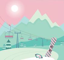 Winter snowy landscape with Ski equipment snowboard and ski goggles, lift, trail, Alps, fir trees, sunny weather, mountains panoramic background. Ski resort season is open. Winter web banner design. vector