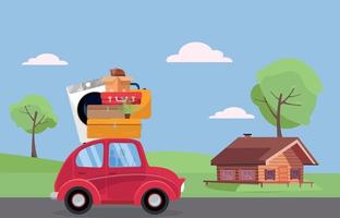 Moving concept. Red vintage car with suitcases, washing machine and plant on roof driving to wooden house. Flat cartoon vector illustration. Car Side View with stack of furniture, luggage. Moving home