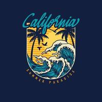 California t-shirt design with waves, palm trees and sun. Vector illustration.,