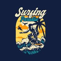 Vector illustration of Surfing Paradise, hand drawn line style with digital color