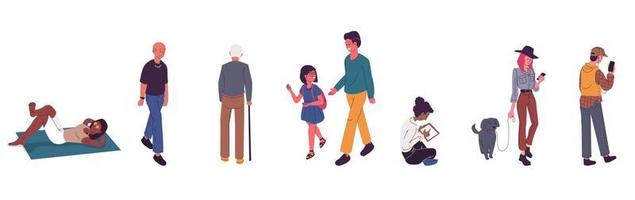 Set of different people walking, relaxing in nature vector