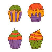 Cute halloween cupcakes. Halloween elements. Trick or treat concept. Vector illustration in hand drawn style