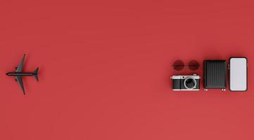 White screen mobile mockup with airplane, camera, luggage, and sunglasses over red background travel concept. 3d rendering photo