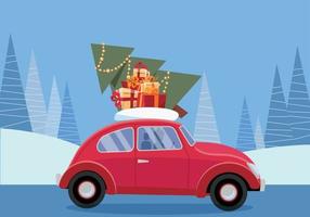 Flat vector cartoon illustration of retro car with presents, christmas tree on roof. Little red car carrying gift boxes. Vehicle car side view. Winter snowy forest around