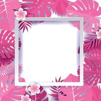 Trendy Summer Tropical palm pink Leaves with white square frame Vector Design. Paper cut Frame from monstera,banana leaf. Vector illustration with free space for text. Greeting card