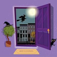 halloween Witch's house. Open door to purple hallway with hat at home plant and black cat at door. Urban landscape with a huge moon and silhouette of witch over houses roofs. Flat cartoon illustration